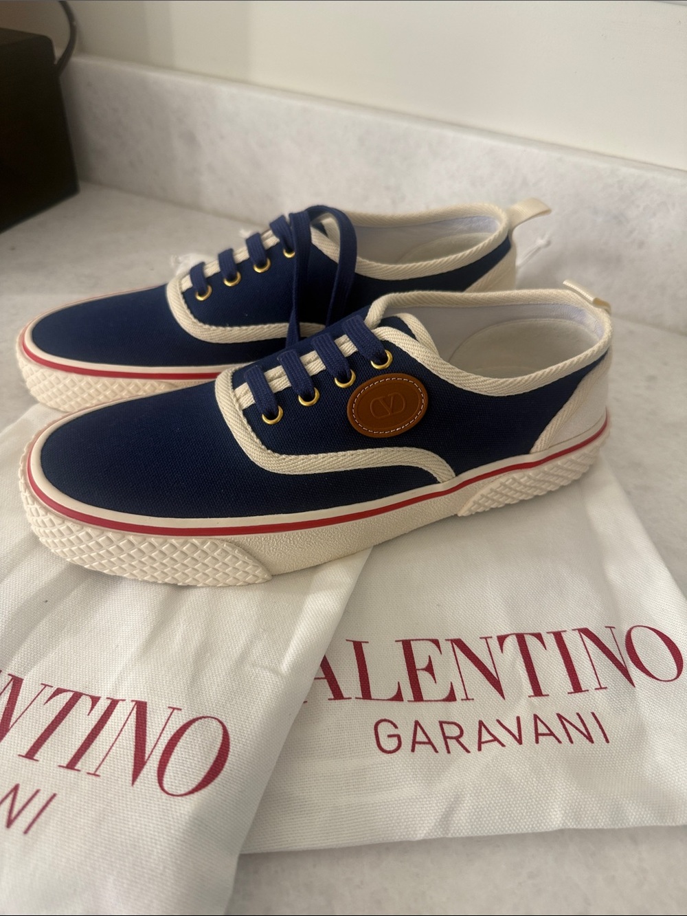 Valentino Garavani Navy Canvas Low-Top Sneakers with CreamwTrim and Red Stripe41 - Picture 7 of 7